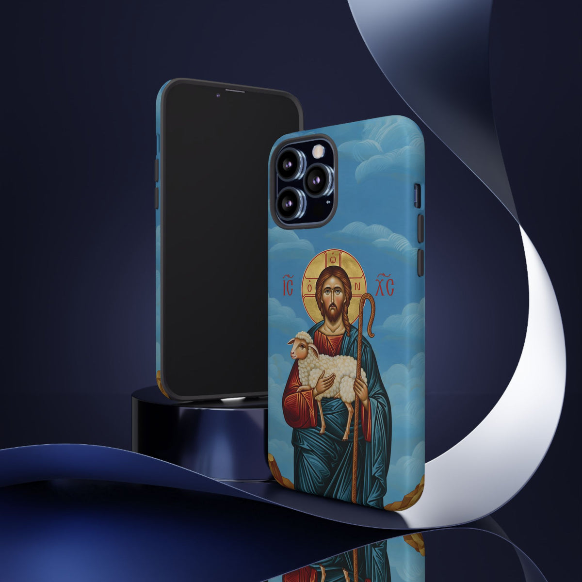 Christelijk telefoonhoesje De Goede Herder blauw mat