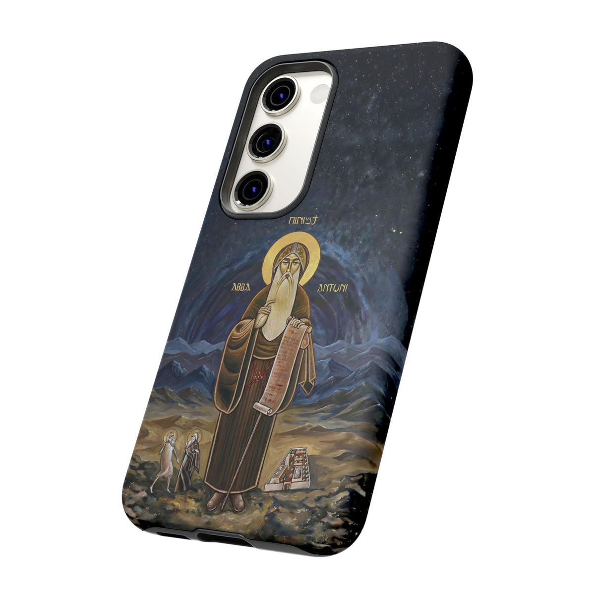 Christelijk telefoonhoesje Sint-Antonius de Grote donkerblauw mat