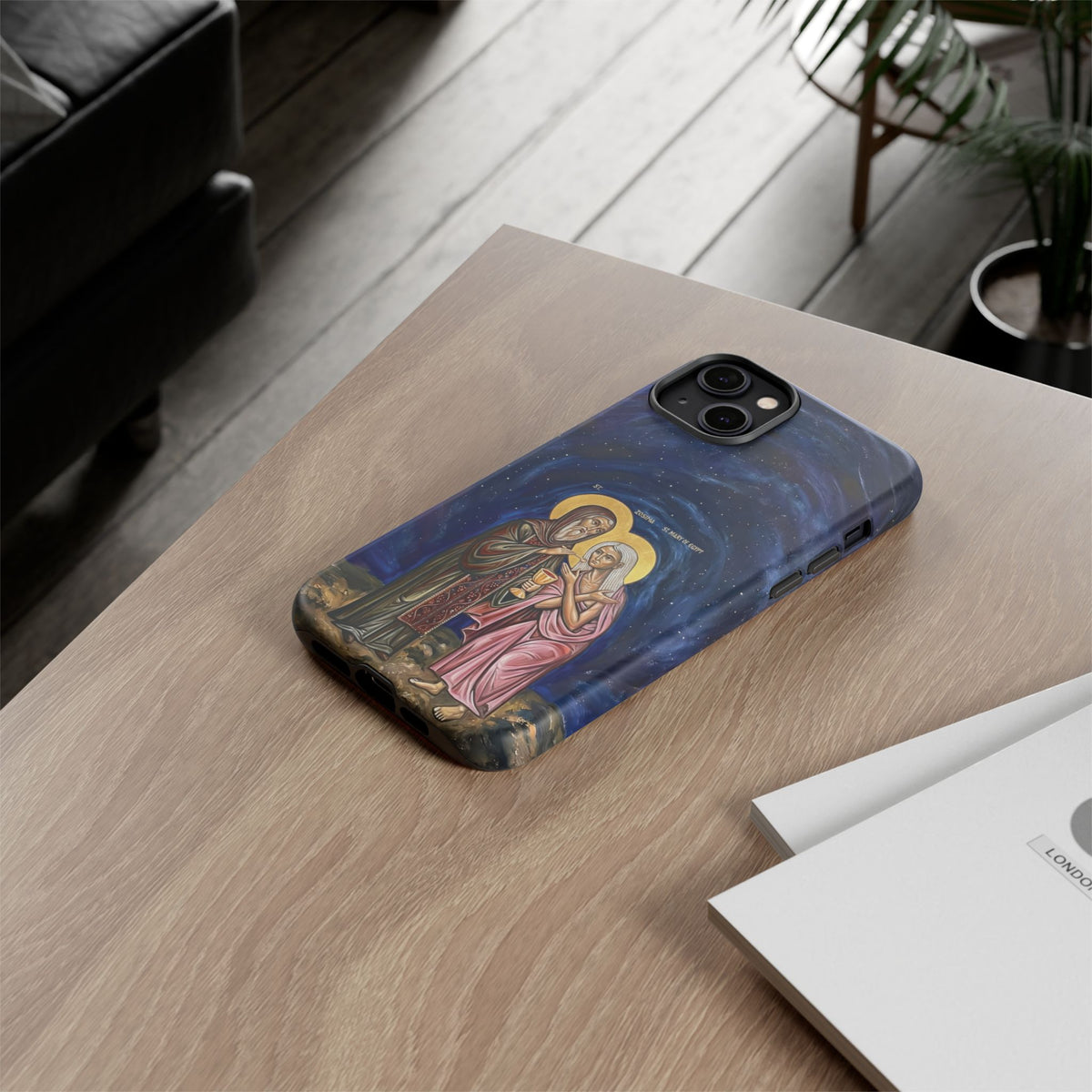 Christelijk telefoonhoesje Maria van Egypte en Sint-Zosimas donkerblauw mat