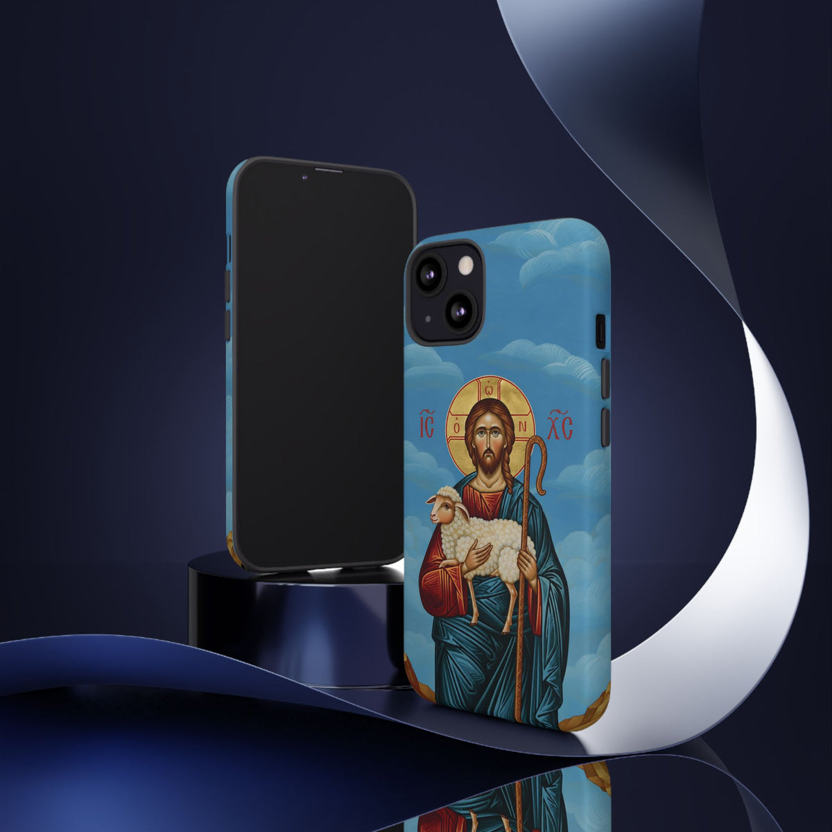 Christelijk telefoonhoesje De Goede Herder blauw mat
