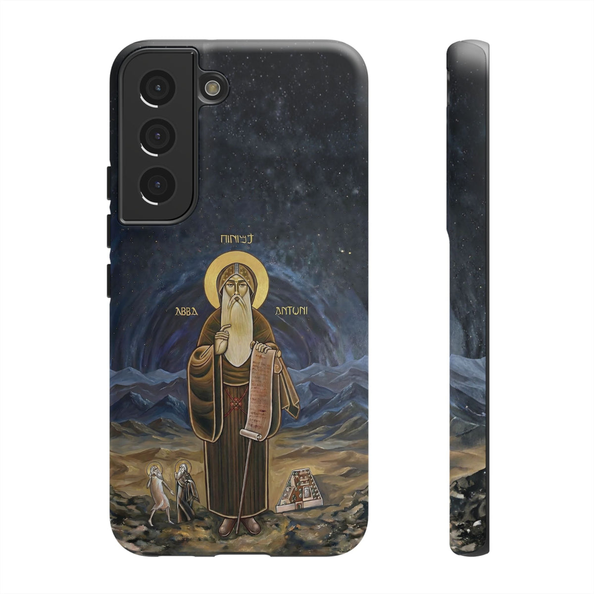 Christelijk telefoonhoesje Sint-Antonius de Grote donkerblauw mat