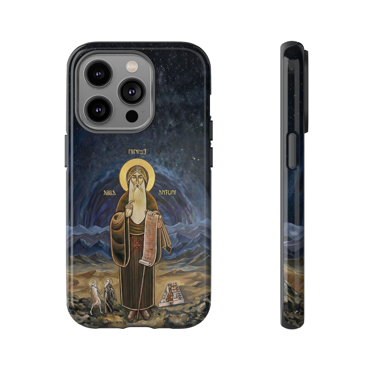 Christelijk telefoonhoesje Sint-Antonius de Grote donkerblauw mat