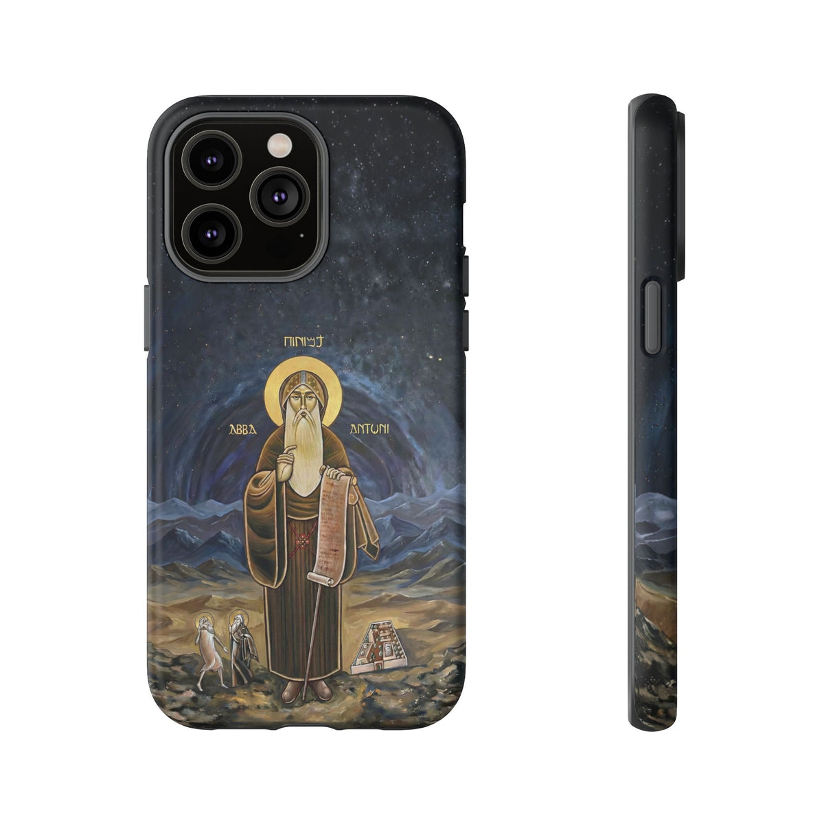 Christelijk telefoonhoesje Sint-Antonius de Grote donkerblauw mat