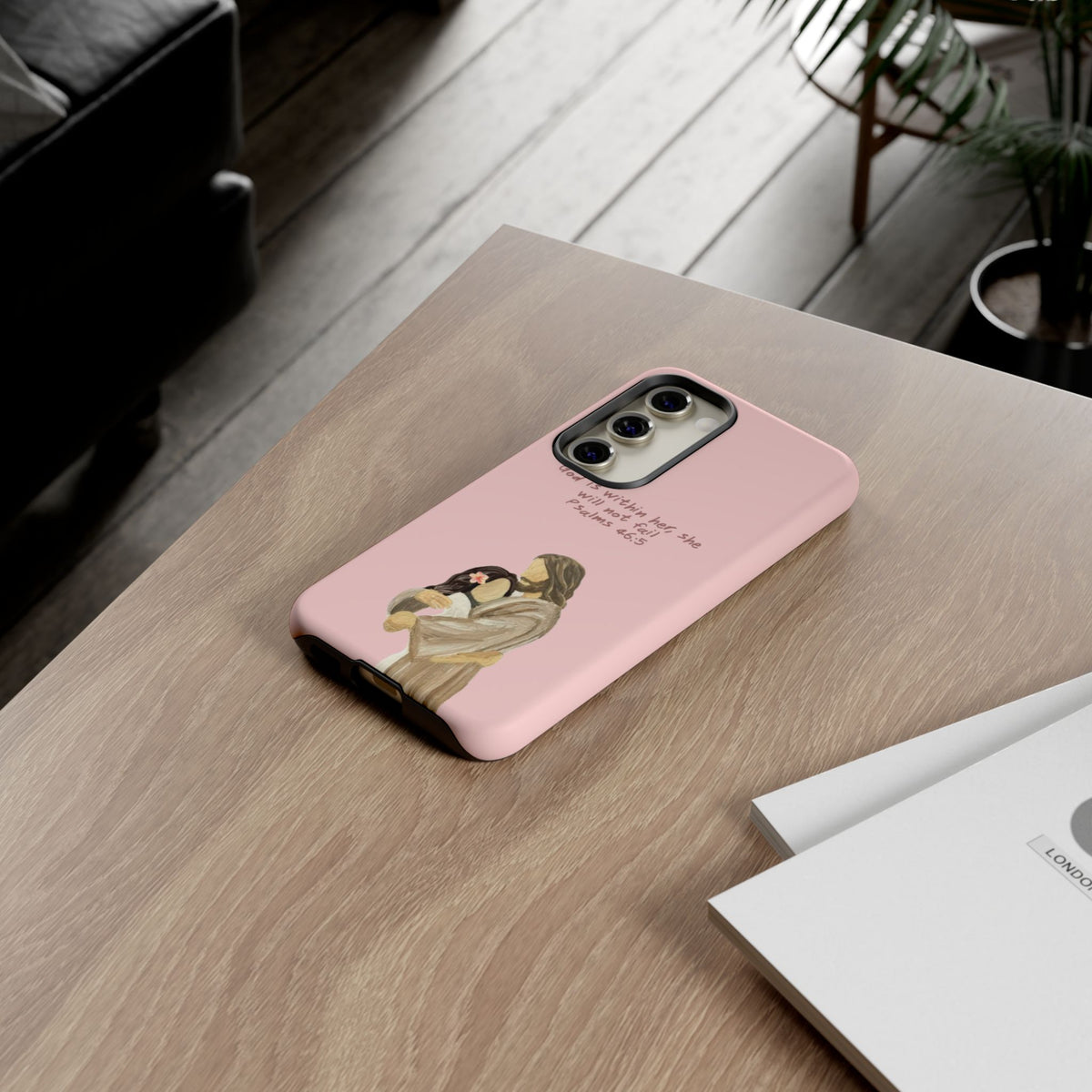 Christelijk telefoonhoesje God is in haar roze mat
