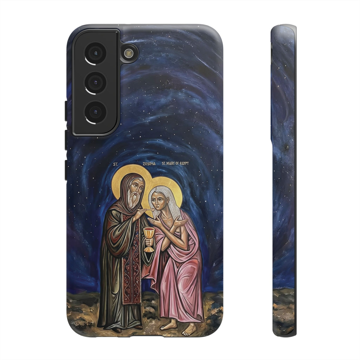 Christelijk telefoonhoesje Maria van Egypte en Sint-Zosimas donkerblauw mat