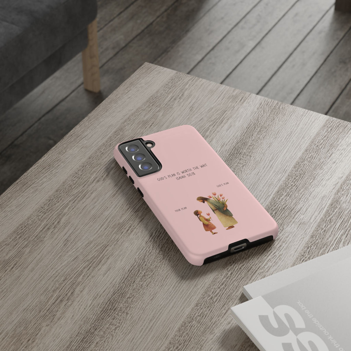 Christelijk telefoonhoesje Gods plan is beter roze mat