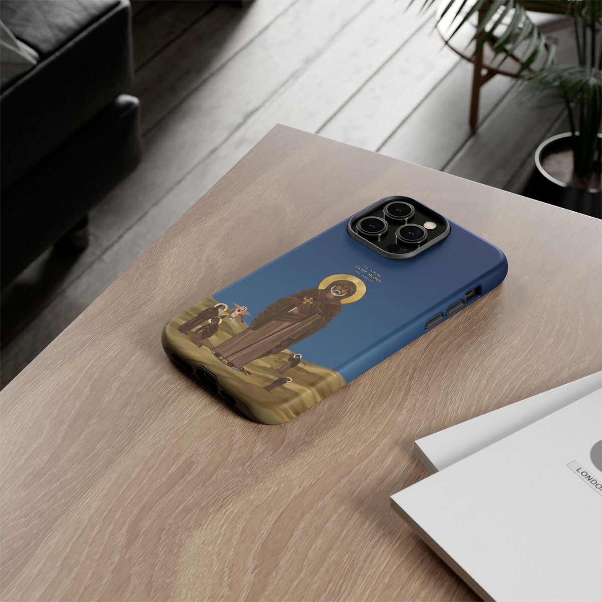 Christelijk telefoonhoesje Sint-Mozes de Sterke blauw mat