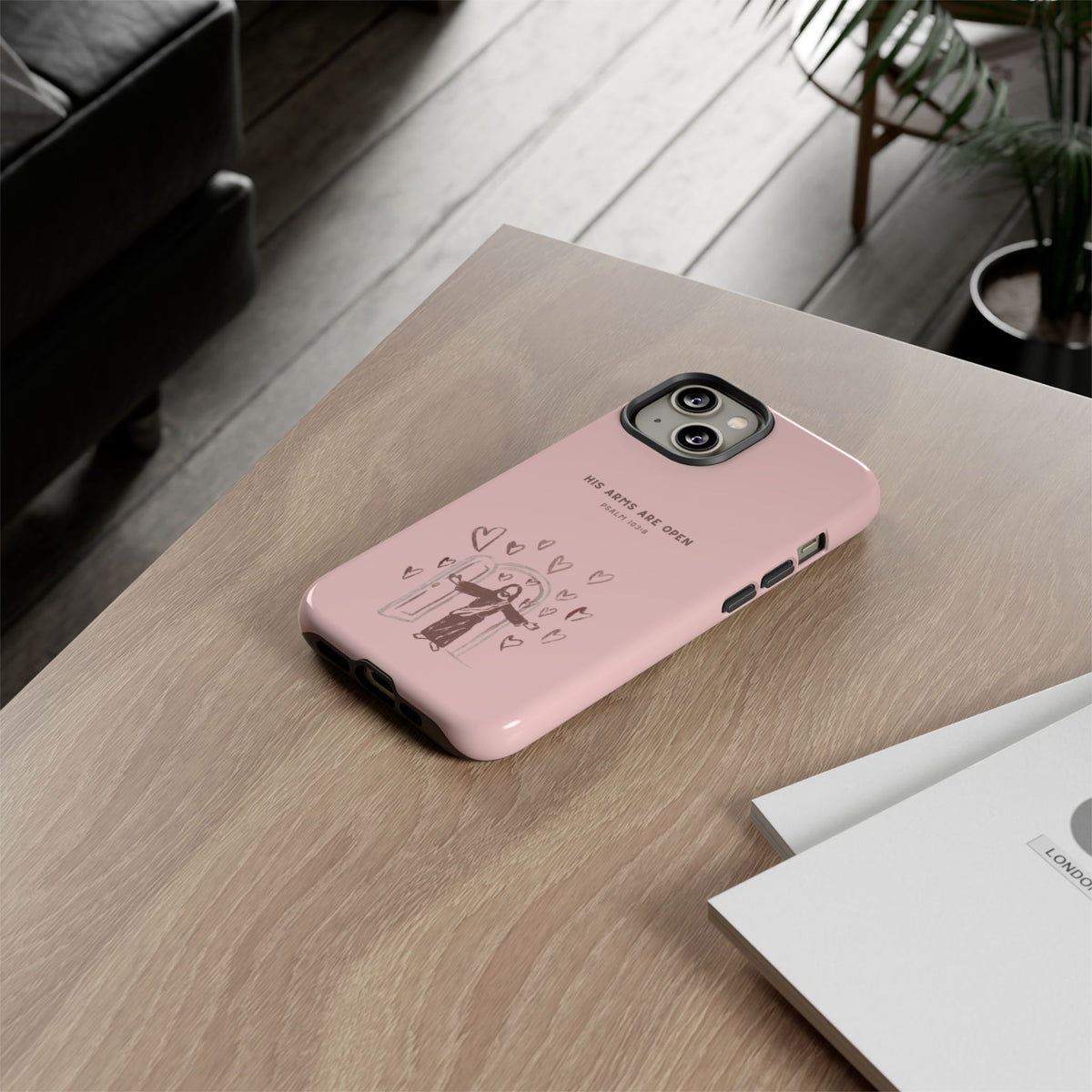 Christelijk telefoonhoesje Zijn armen staan open roze mat