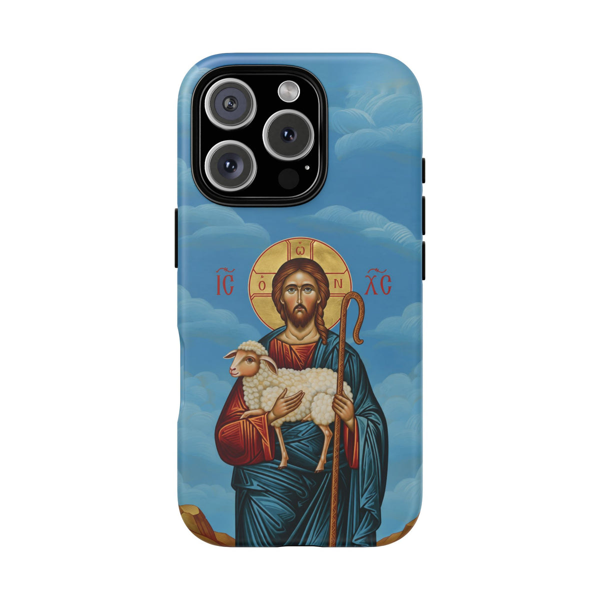 Christelijk telefoonhoesje De Goede Herder blauw mat