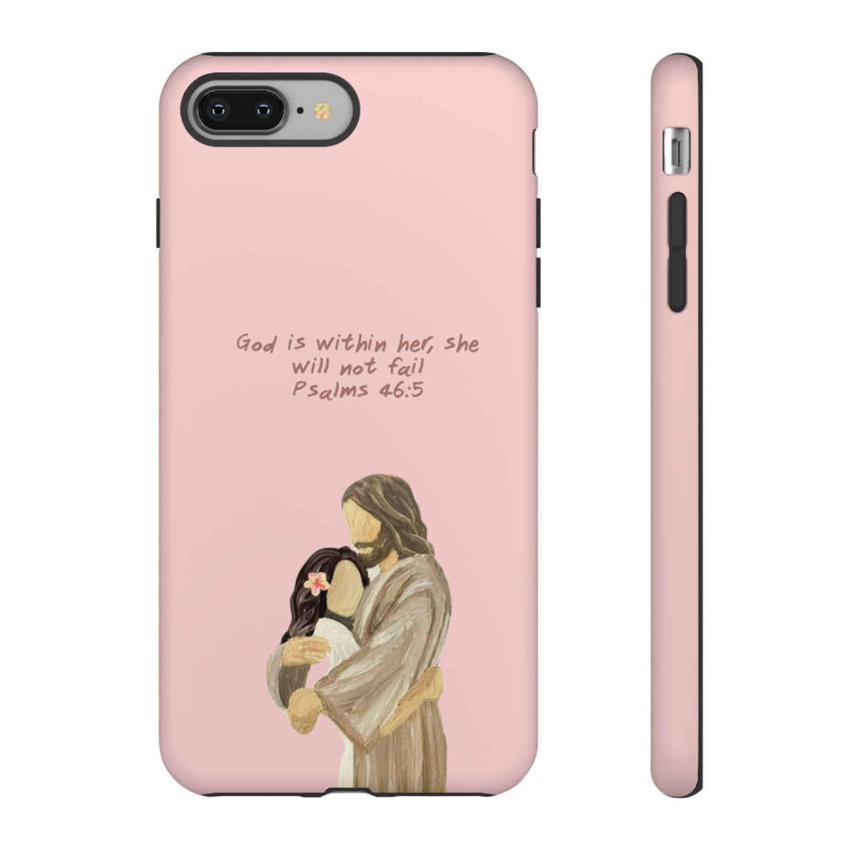 Christelijk telefoonhoesje God is in haar roze mat