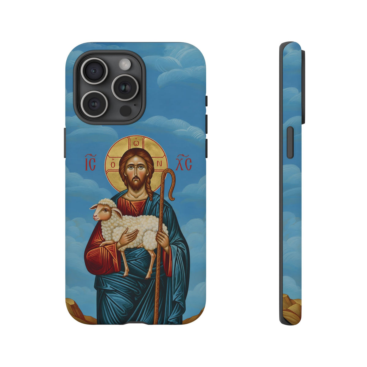 Christelijk telefoonhoesje De Goede Herder blauw mat