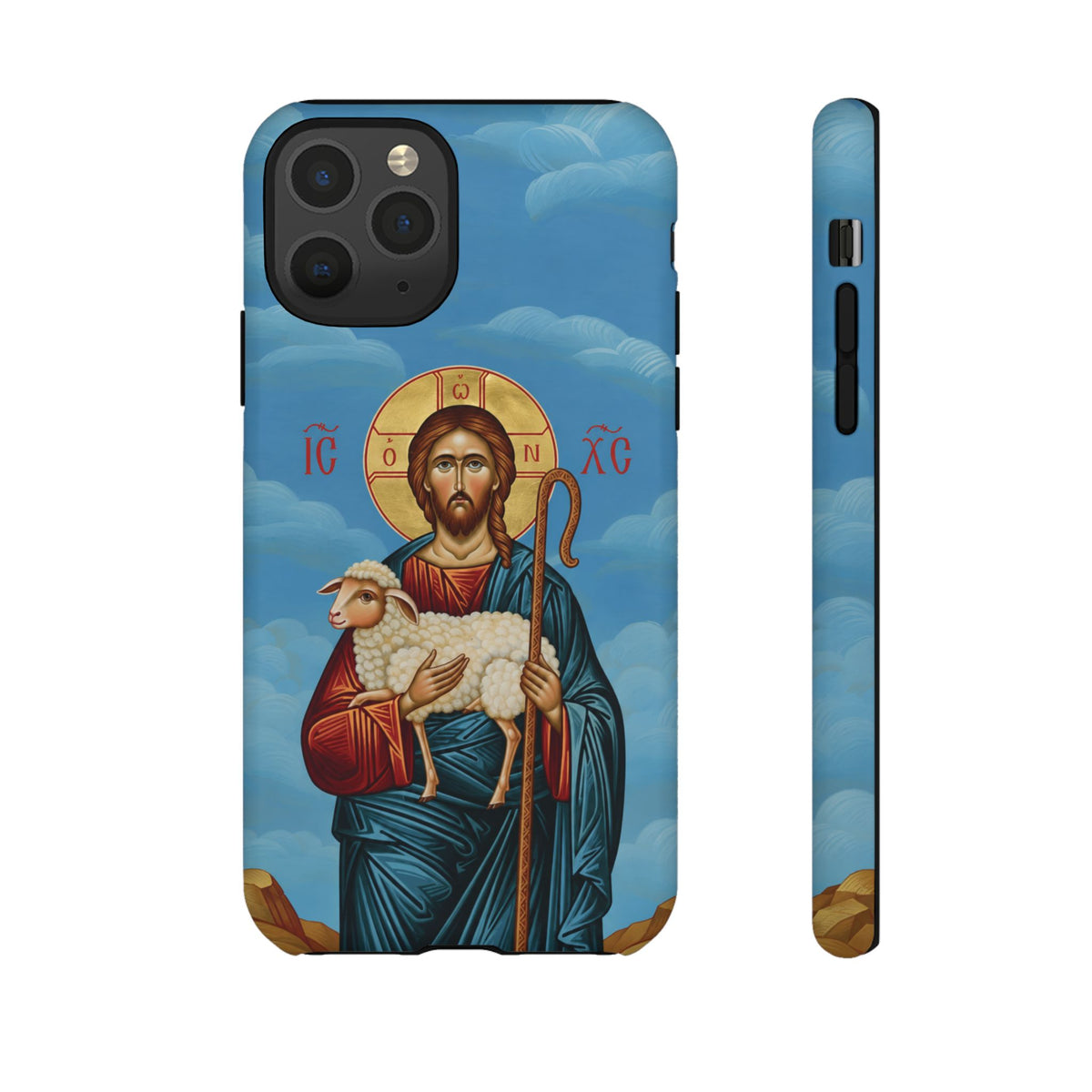 Christelijk telefoonhoesje De Goede Herder blauw mat