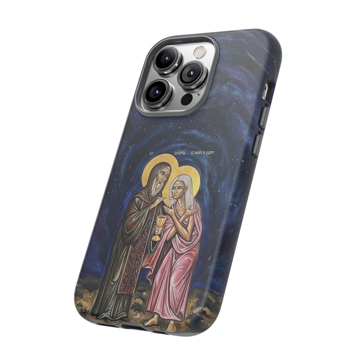 Christelijk telefoonhoesje Maria van Egypte en Sint-Zosimas donkerblauw mat