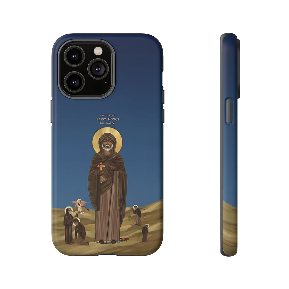 Christelijk telefoonhoesje Sint-Mozes de Sterke blauw mat