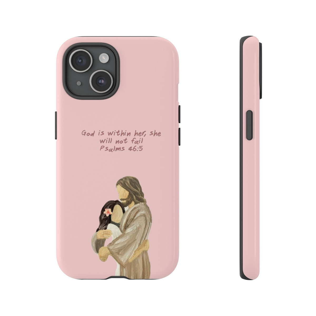 Christelijk telefoonhoesje God is in haar roze mat