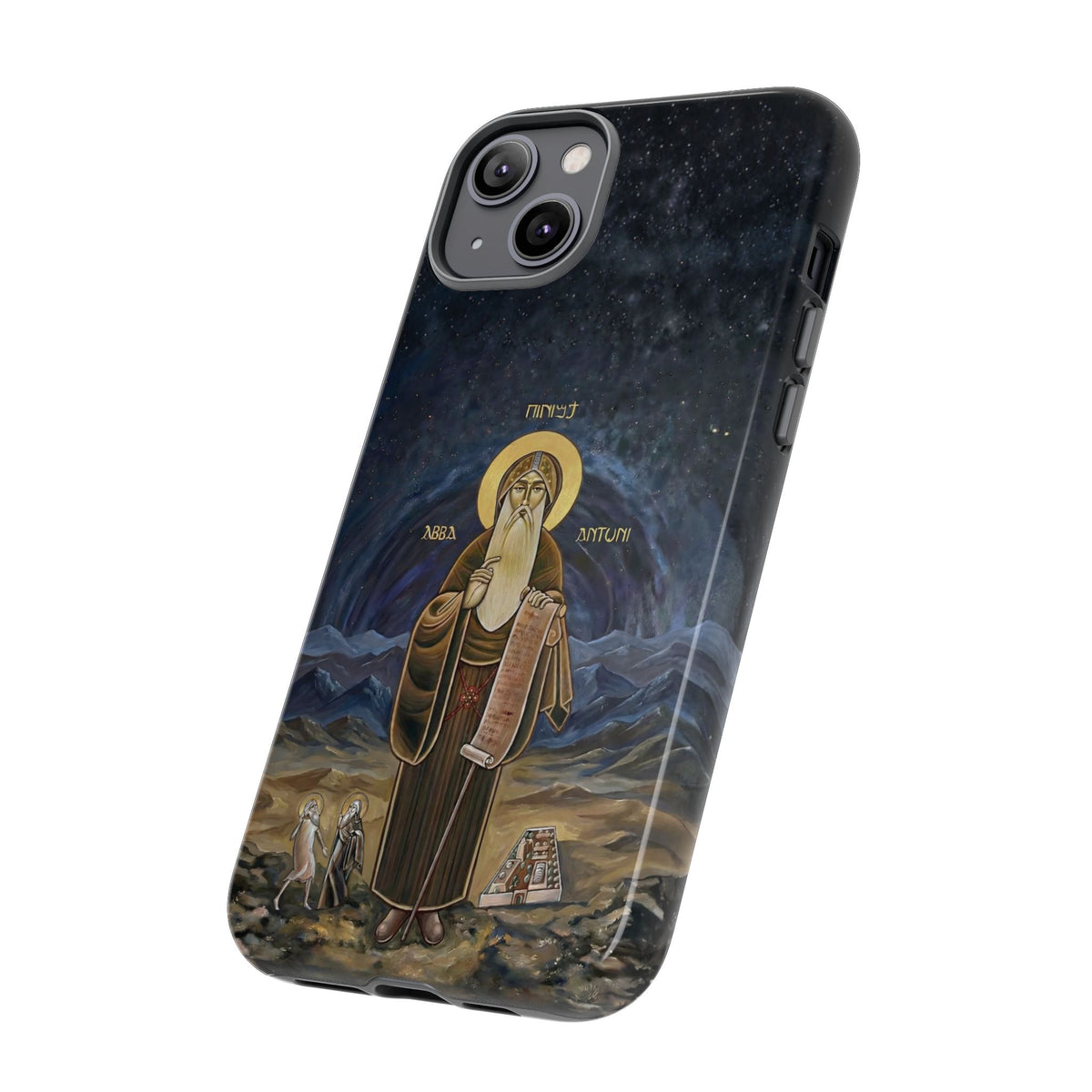 Christelijk telefoonhoesje Sint-Antonius de Grote donkerblauw mat