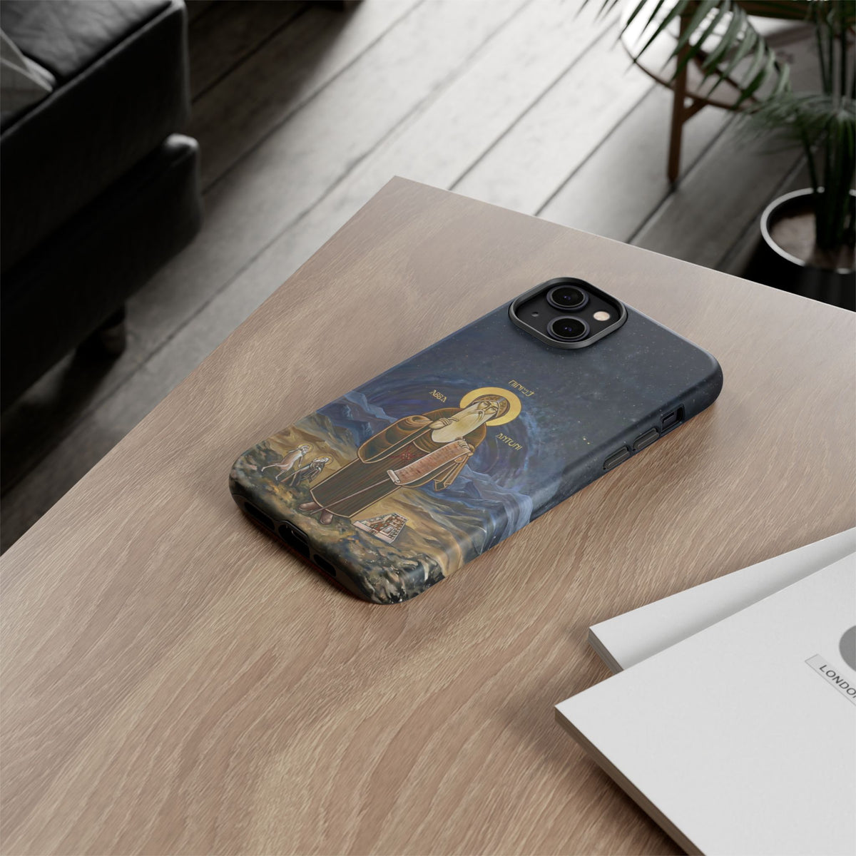 Christelijk telefoonhoesje Sint-Antonius de Grote donkerblauw mat