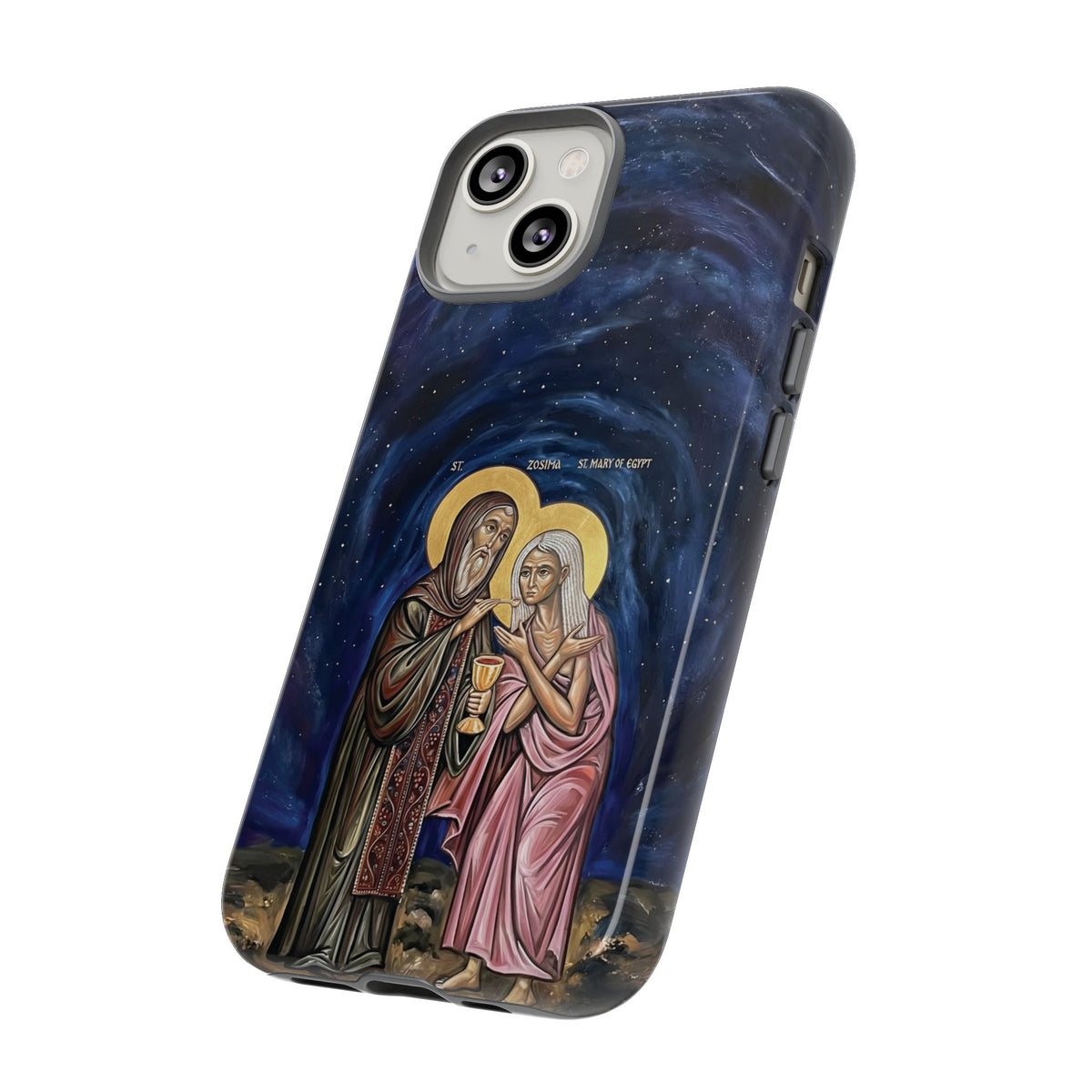 Christelijk telefoonhoesje Maria van Egypte en Sint-Zosimas donkerblauw mat