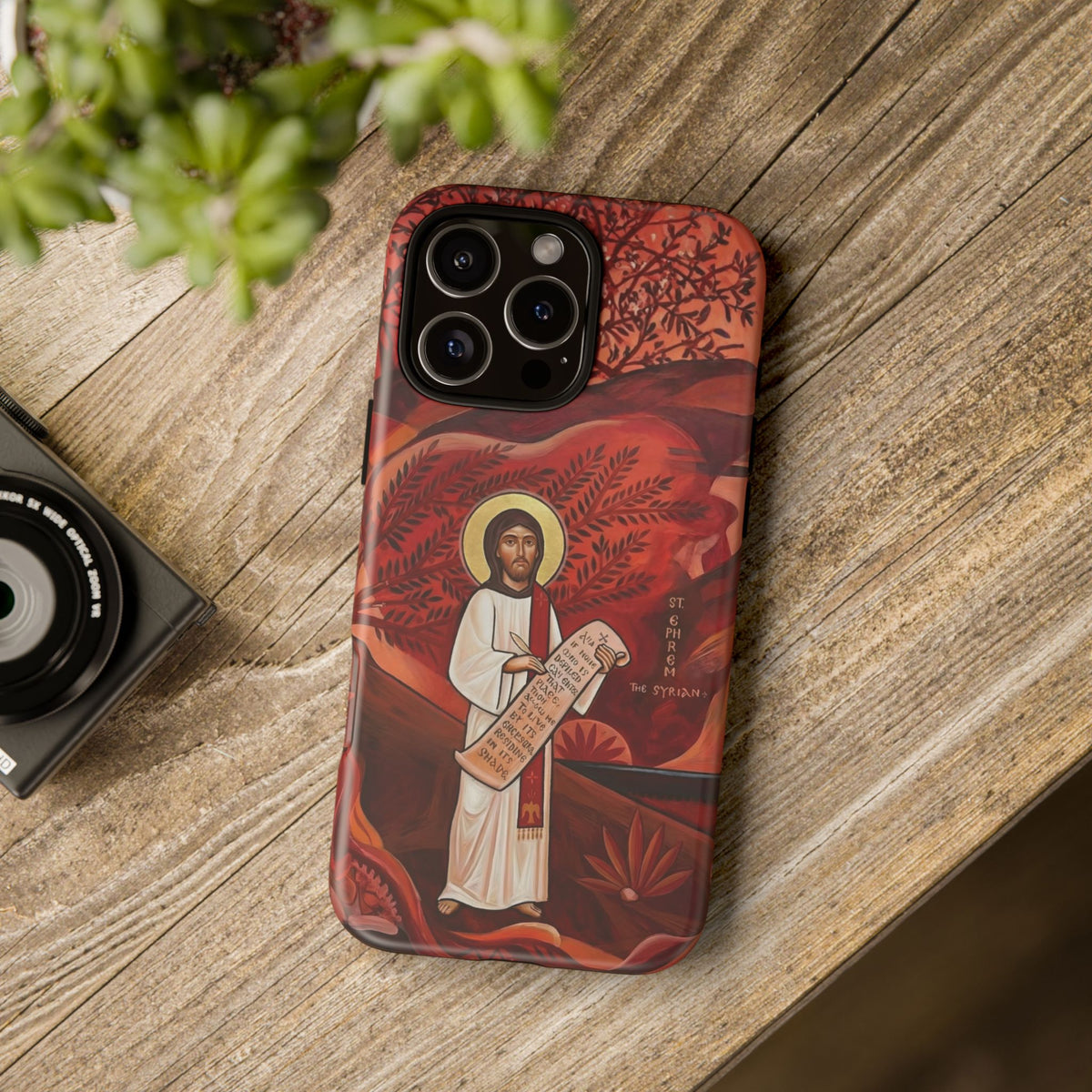 Christelijk telefoonhoesje Sint-Efrem de Syriër rood mat