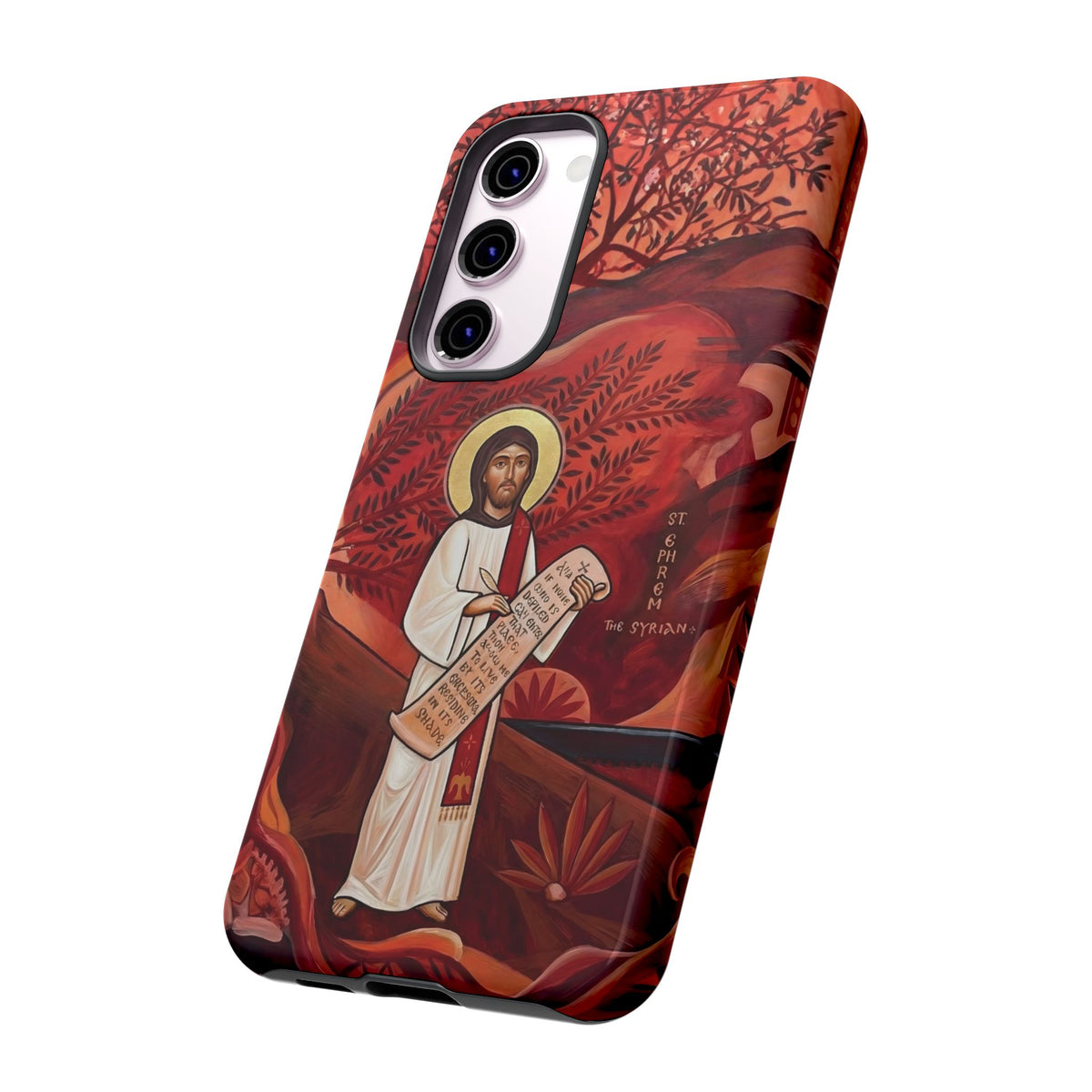 Christelijk telefoonhoesje Sint-Efrem de Syriër rood mat