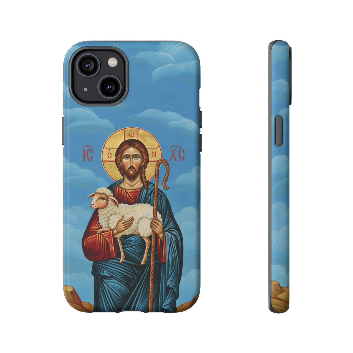Christelijk telefoonhoesje De Goede Herder blauw mat