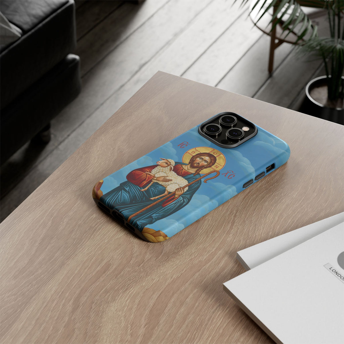 Christelijk telefoonhoesje De Goede Herder blauw mat