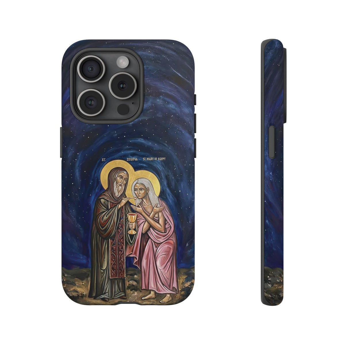 Christelijk telefoonhoesje Maria van Egypte en Sint-Zosimas donkerblauw mat