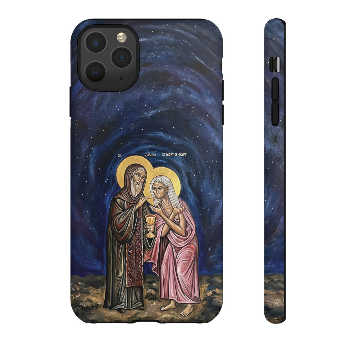 Christelijk telefoonhoesje Maria van Egypte en Sint-Zosimas donkerblauw mat