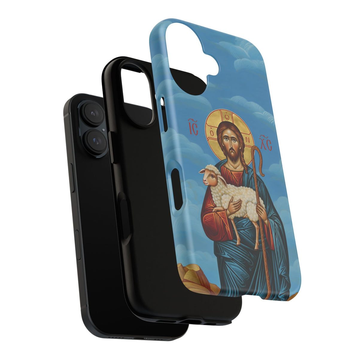 Christelijk telefoonhoesje De Goede Herder blauw mat