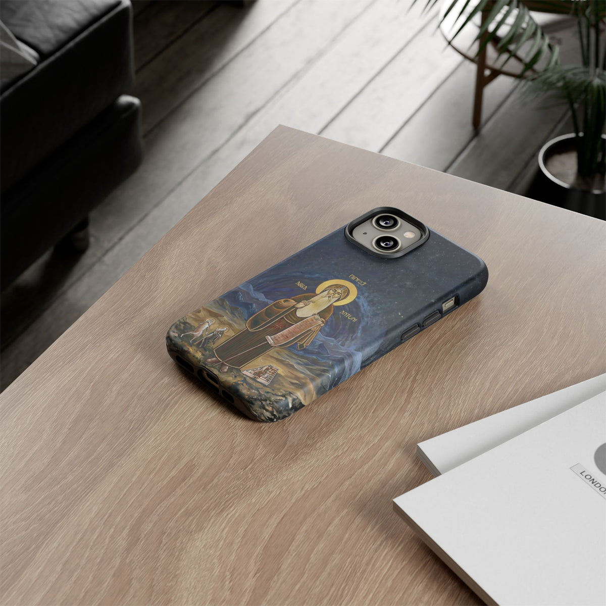 Christelijk telefoonhoesje Sint-Antonius de Grote donkerblauw mat