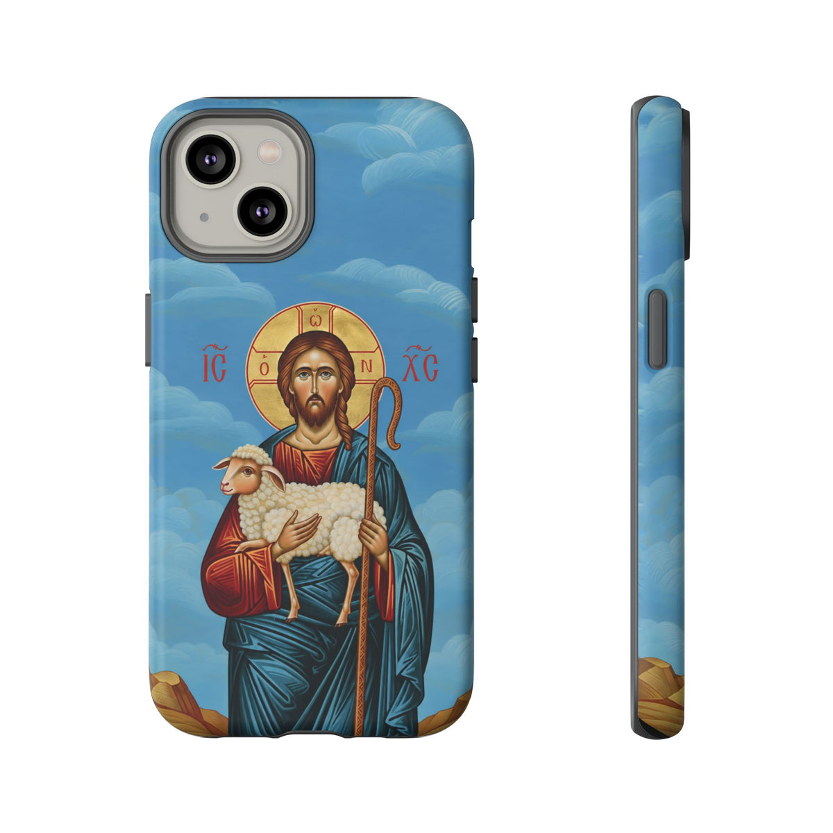 Christelijk telefoonhoesje De Goede Herder blauw mat