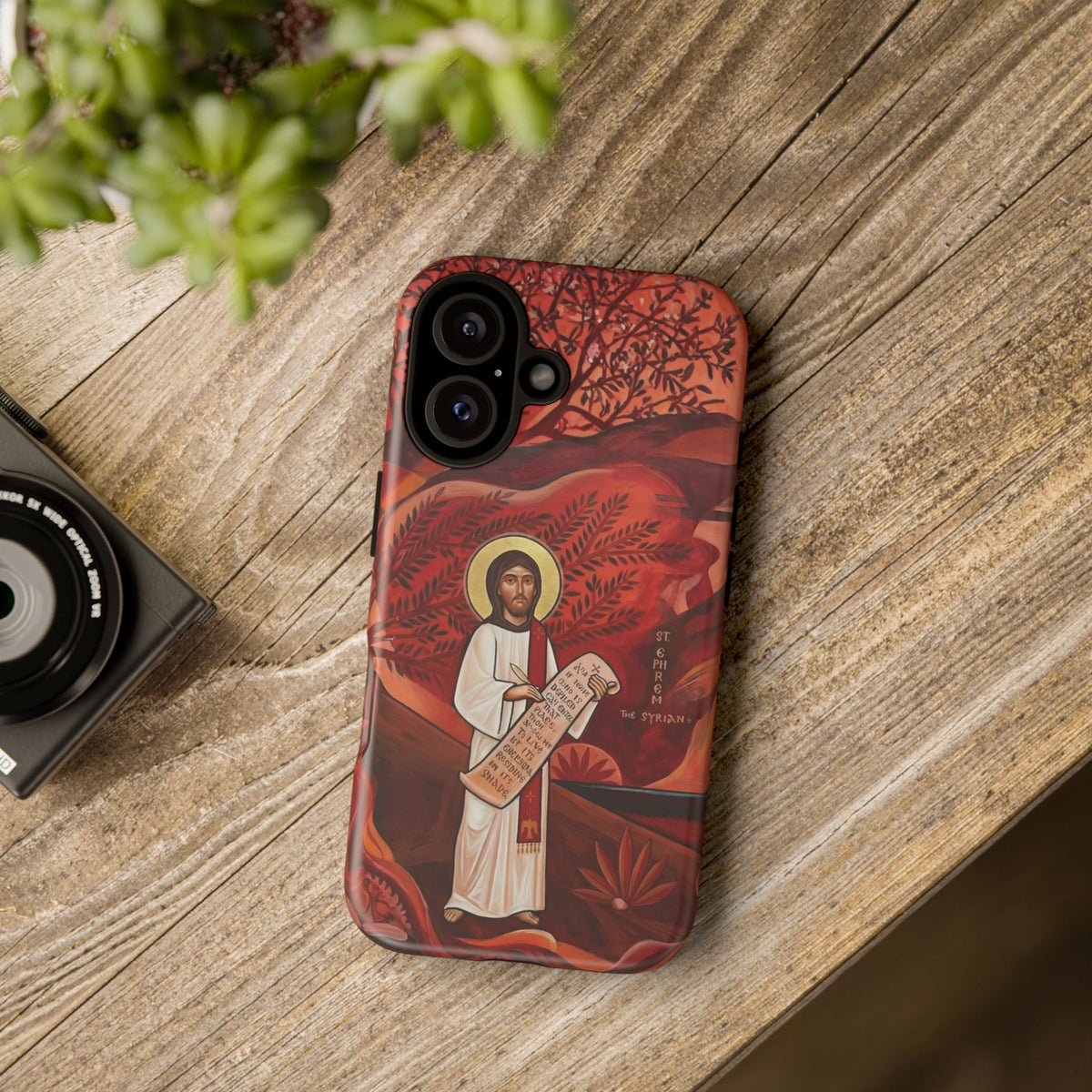 Christelijk telefoonhoesje Sint-Efrem de Syriër rood mat