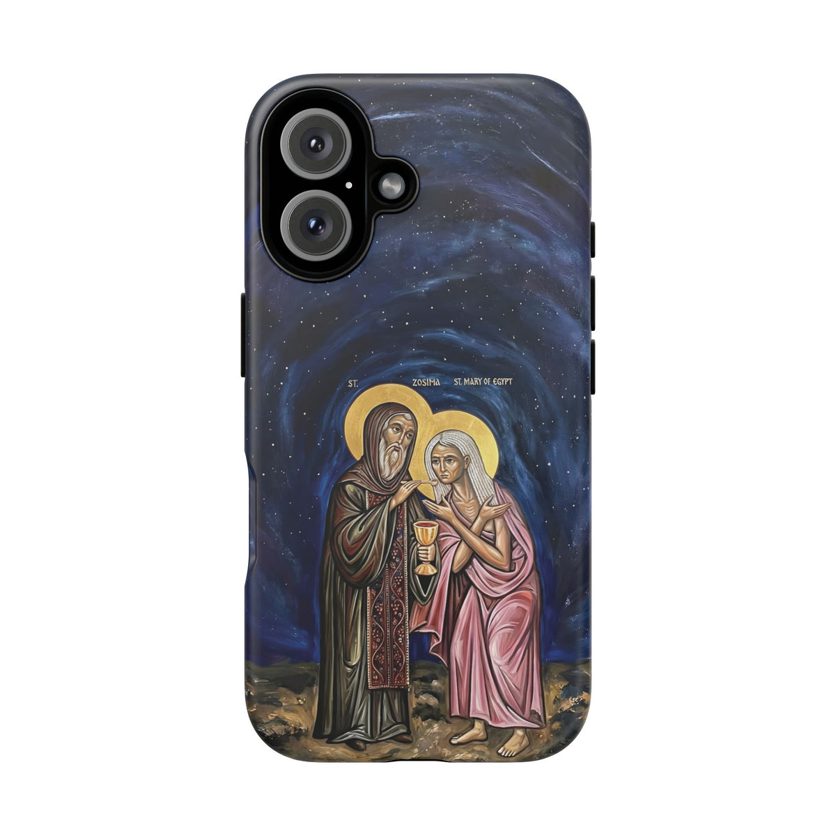Christelijk telefoonhoesje Maria van Egypte en Sint-Zosimas donkerblauw mat