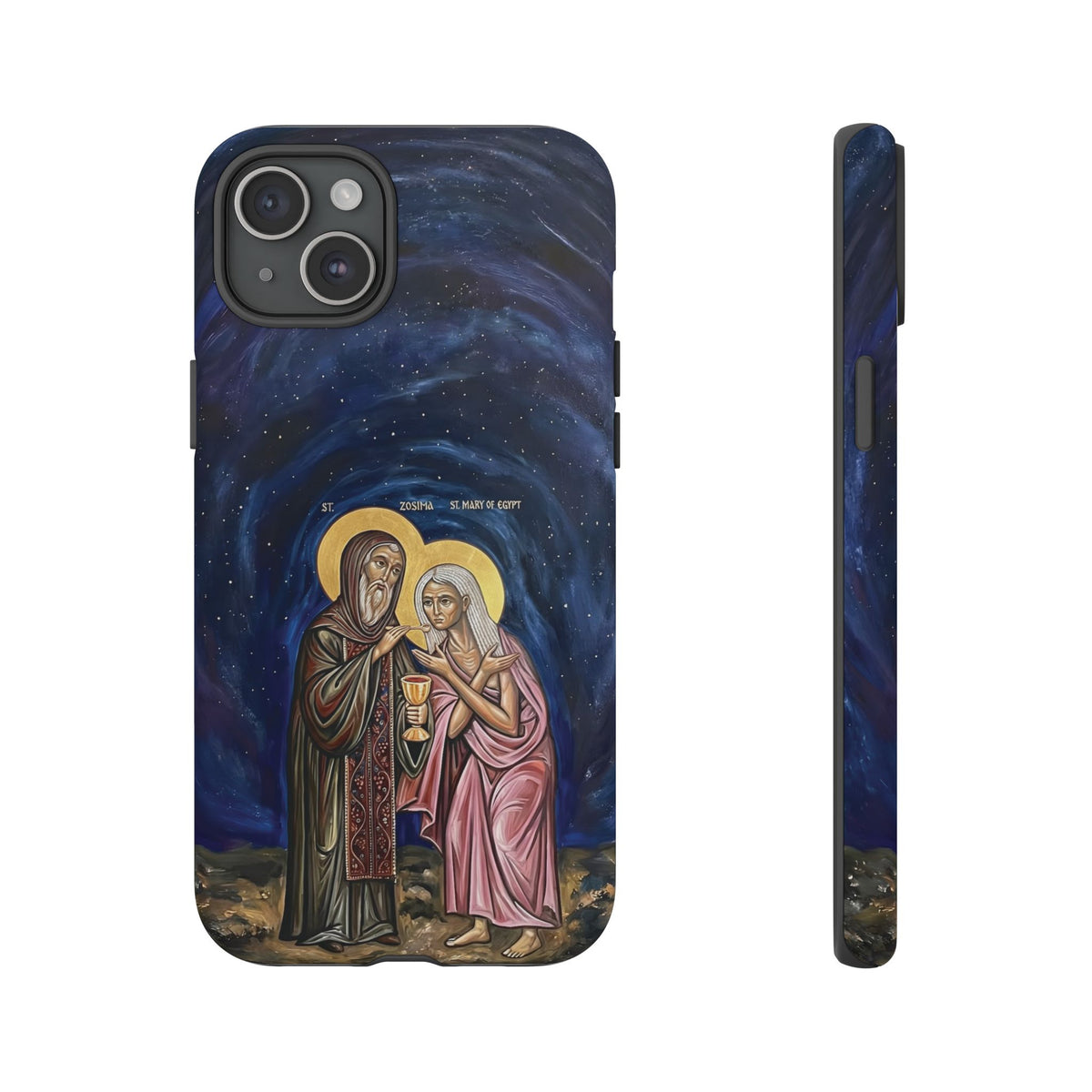 Christelijk telefoonhoesje Maria van Egypte en Sint-Zosimas donkerblauw mat
