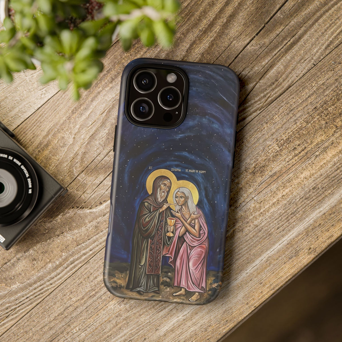 Christelijk telefoonhoesje Maria van Egypte en Sint-Zosimas donkerblauw mat