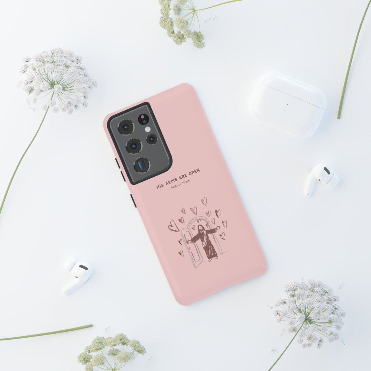 Christelijk telefoonhoesje Zijn armen staan open roze mat
