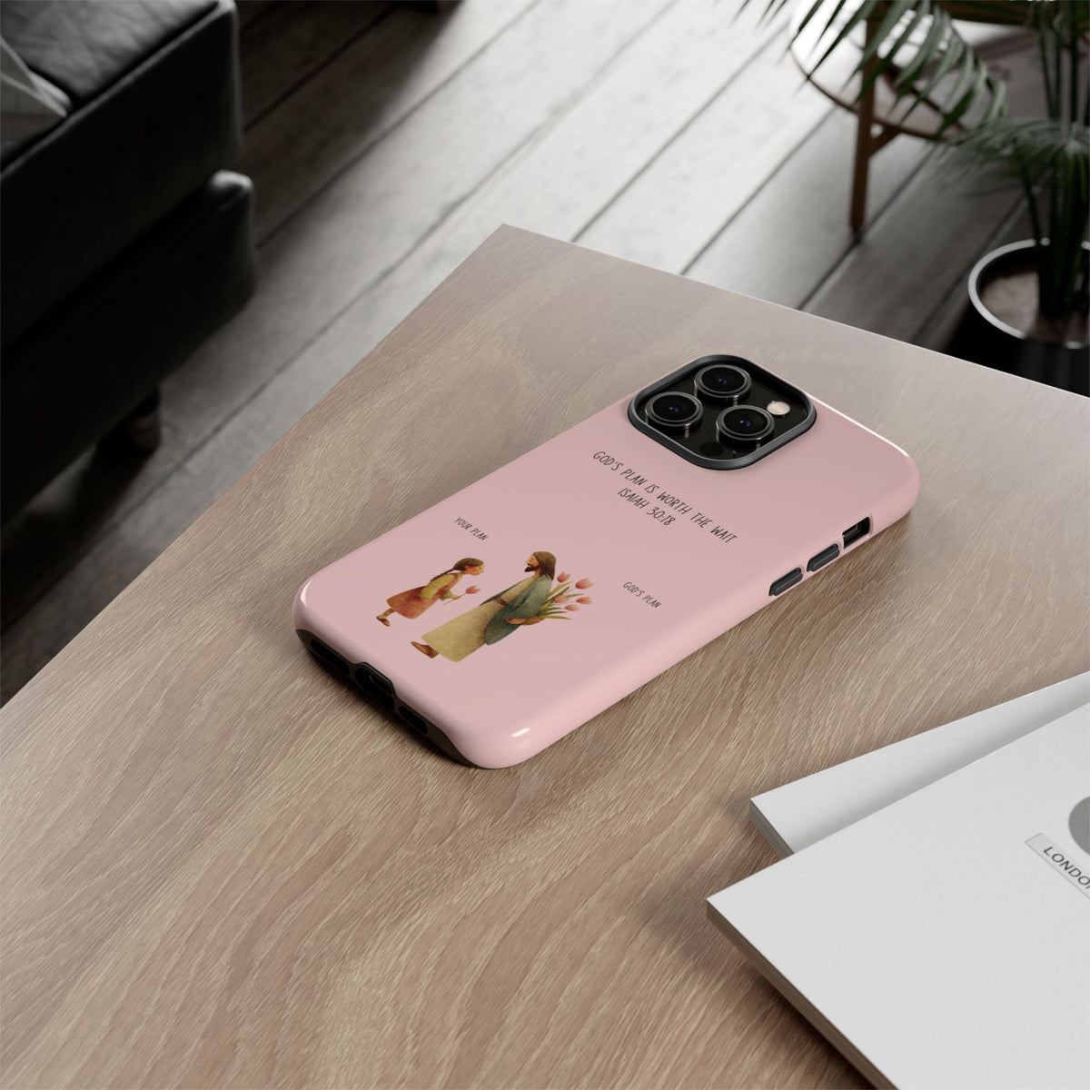 Christelijk telefoonhoesje Gods plan is beter roze mat