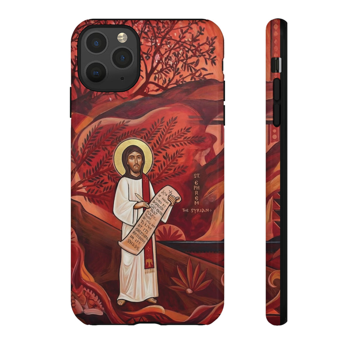 Christelijk telefoonhoesje Sint-Efrem de Syriër rood mat