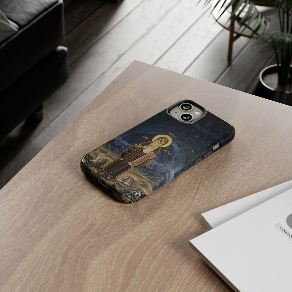 Christelijk telefoonhoesje Sint-Antonius de Grote donkerblauw mat