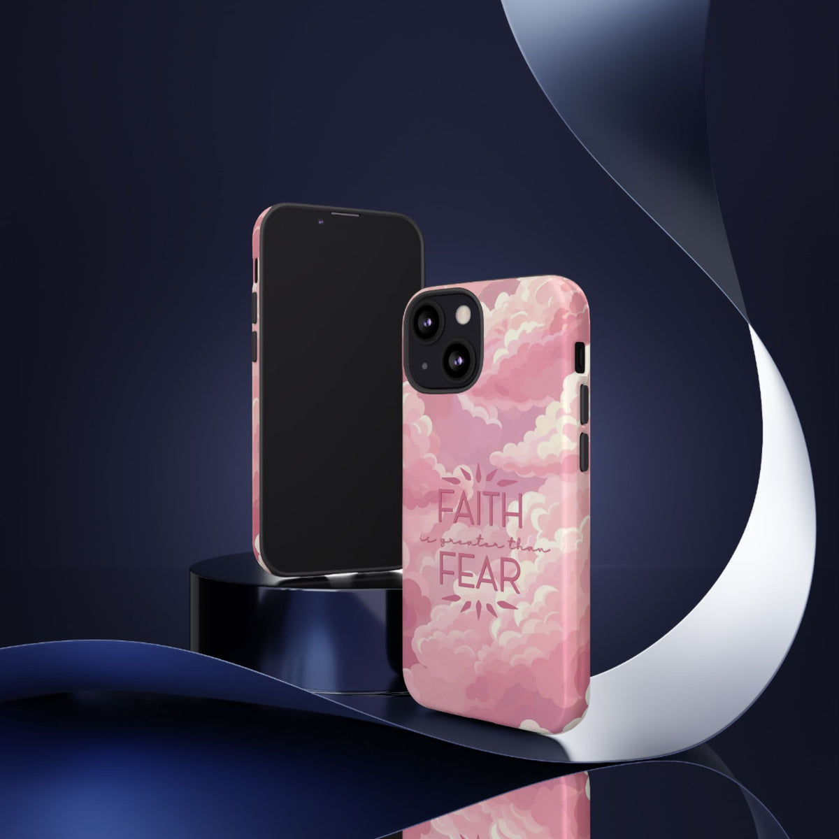 Christelijk telefoonhoesje Geloof is sterker dan angst roze mat