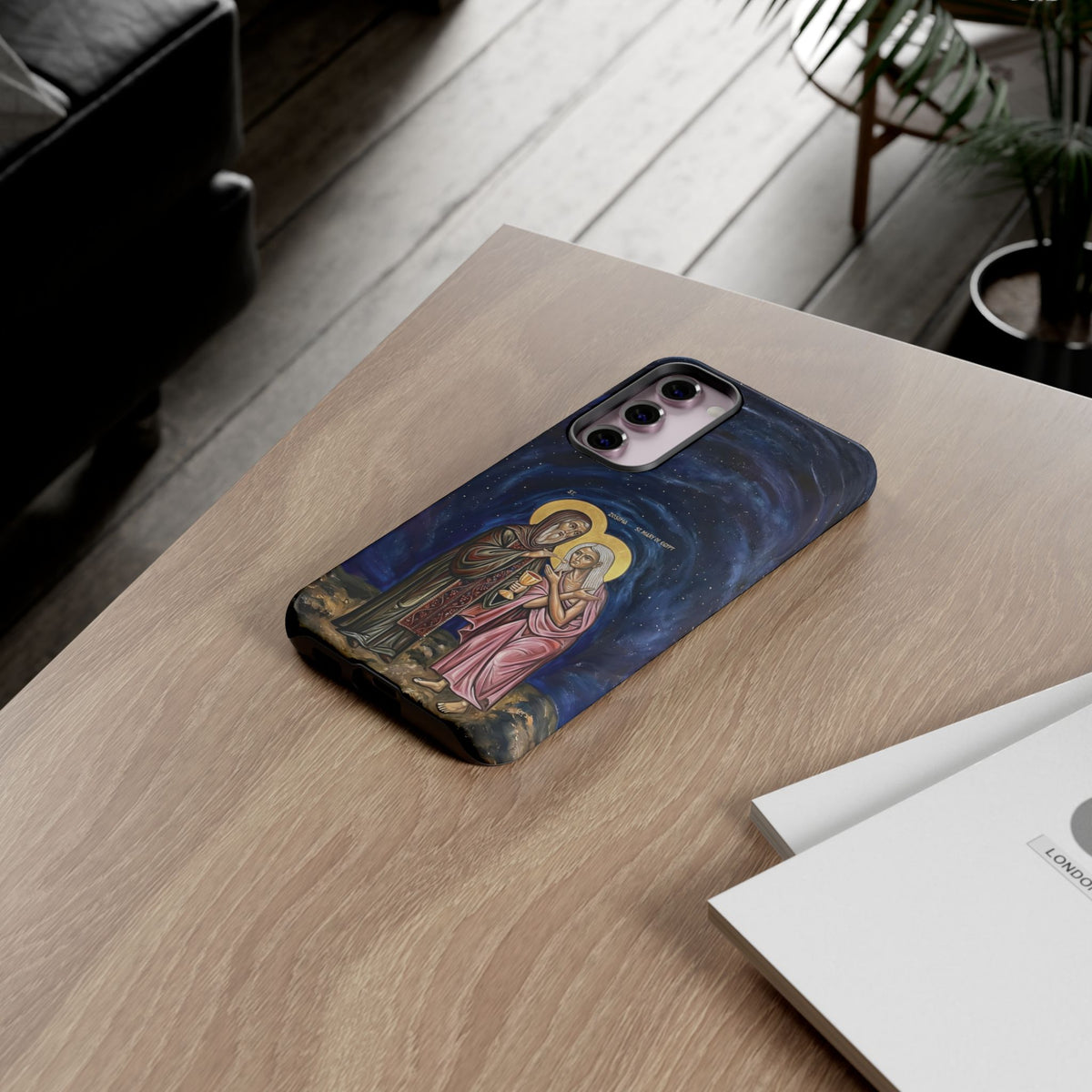 Christelijk telefoonhoesje Maria van Egypte en Sint-Zosimas donkerblauw mat