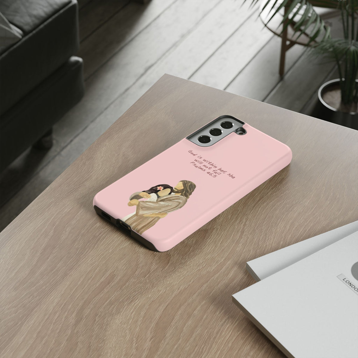 Christelijk telefoonhoesje God is in haar roze mat