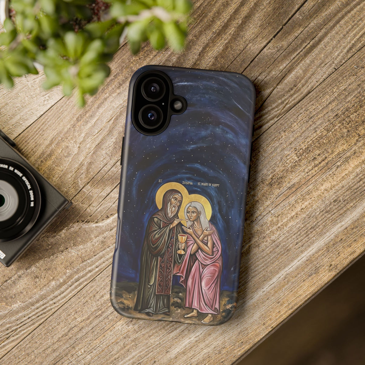 Christelijk telefoonhoesje Maria van Egypte en Sint-Zosimas donkerblauw mat