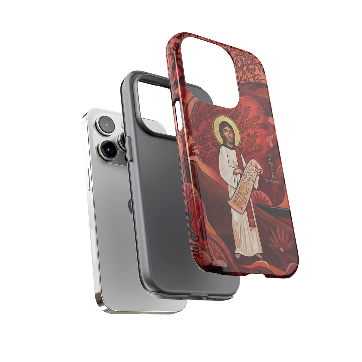 Christelijk telefoonhoesje Sint-Efrem de Syriër rood mat