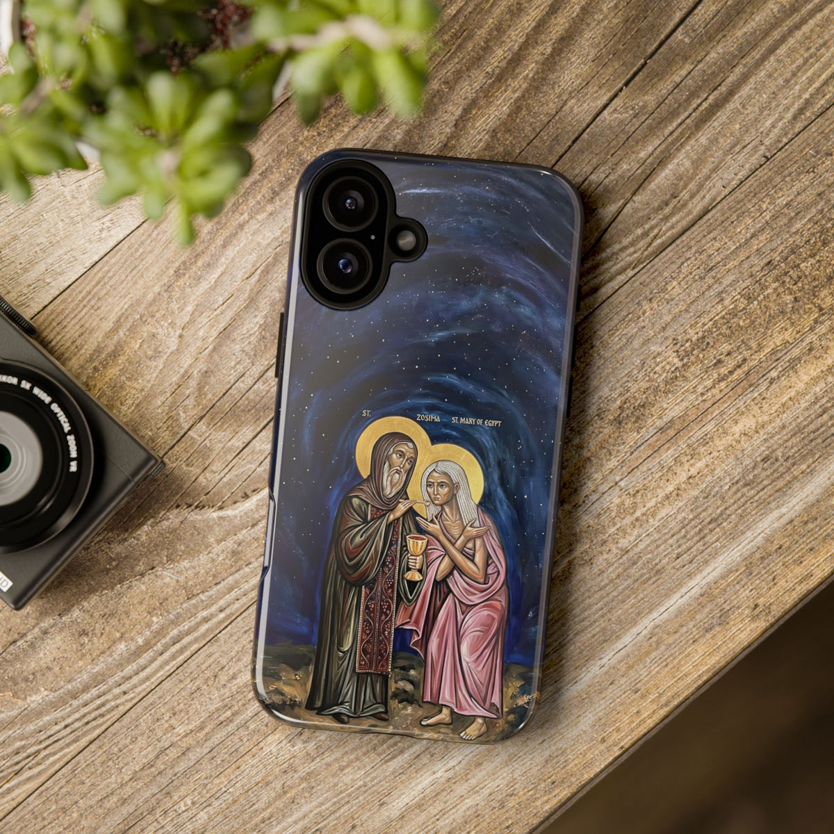 Christelijk telefoonhoesje Maria van Egypte en Sint-Zosimas donkerblauw mat