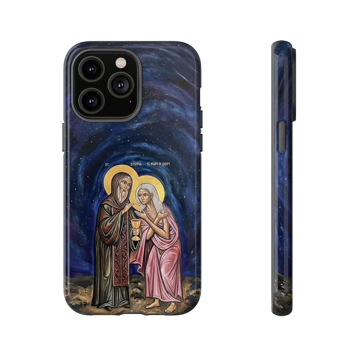 Christelijk telefoonhoesje Maria van Egypte en Sint-Zosimas donkerblauw mat