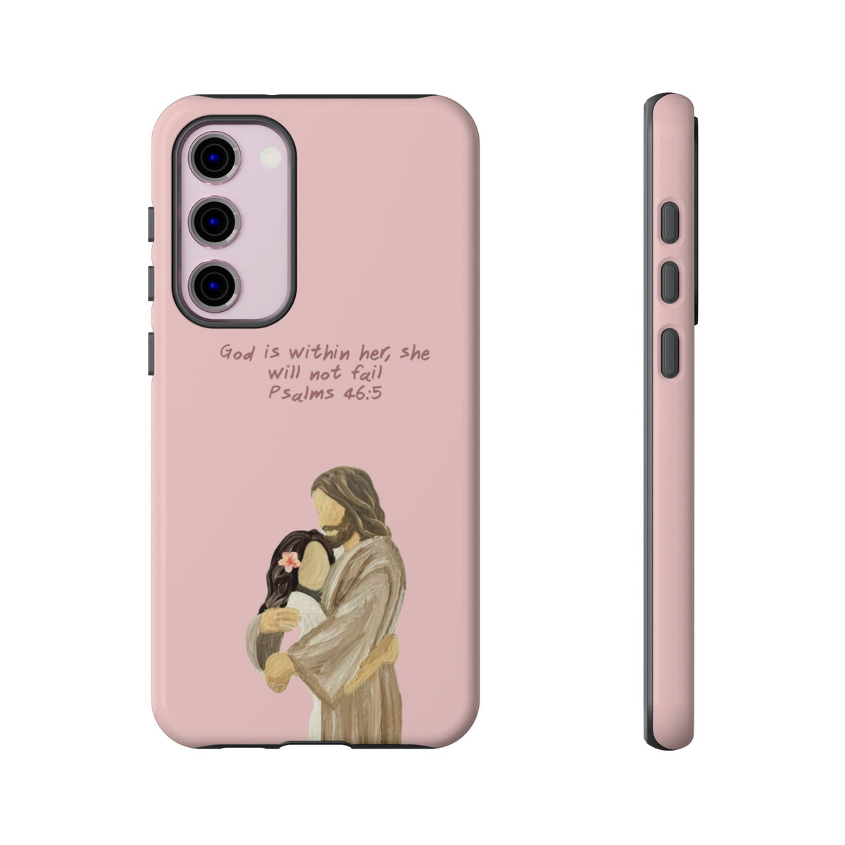 Christelijk telefoonhoesje God is in haar roze mat