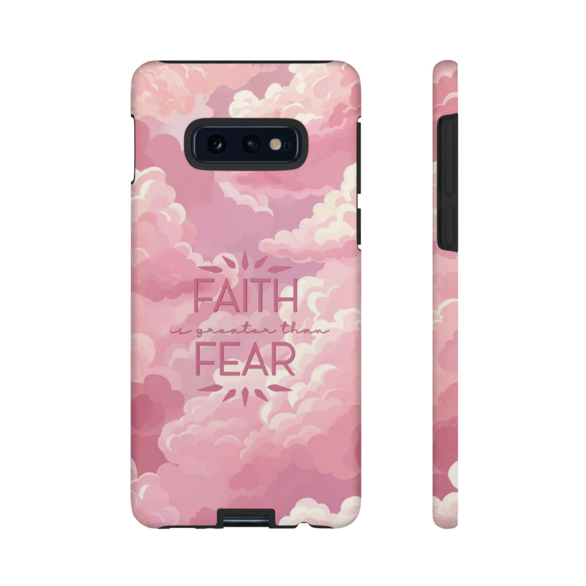 Christelijk telefoonhoesje Geloof is sterker dan angst roze mat