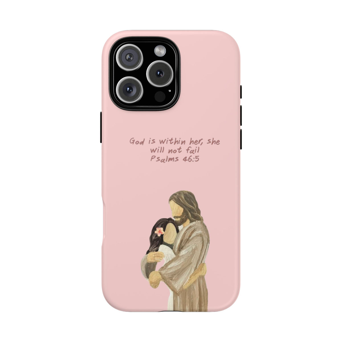 Christelijk telefoonhoesje God is in haar roze mat
