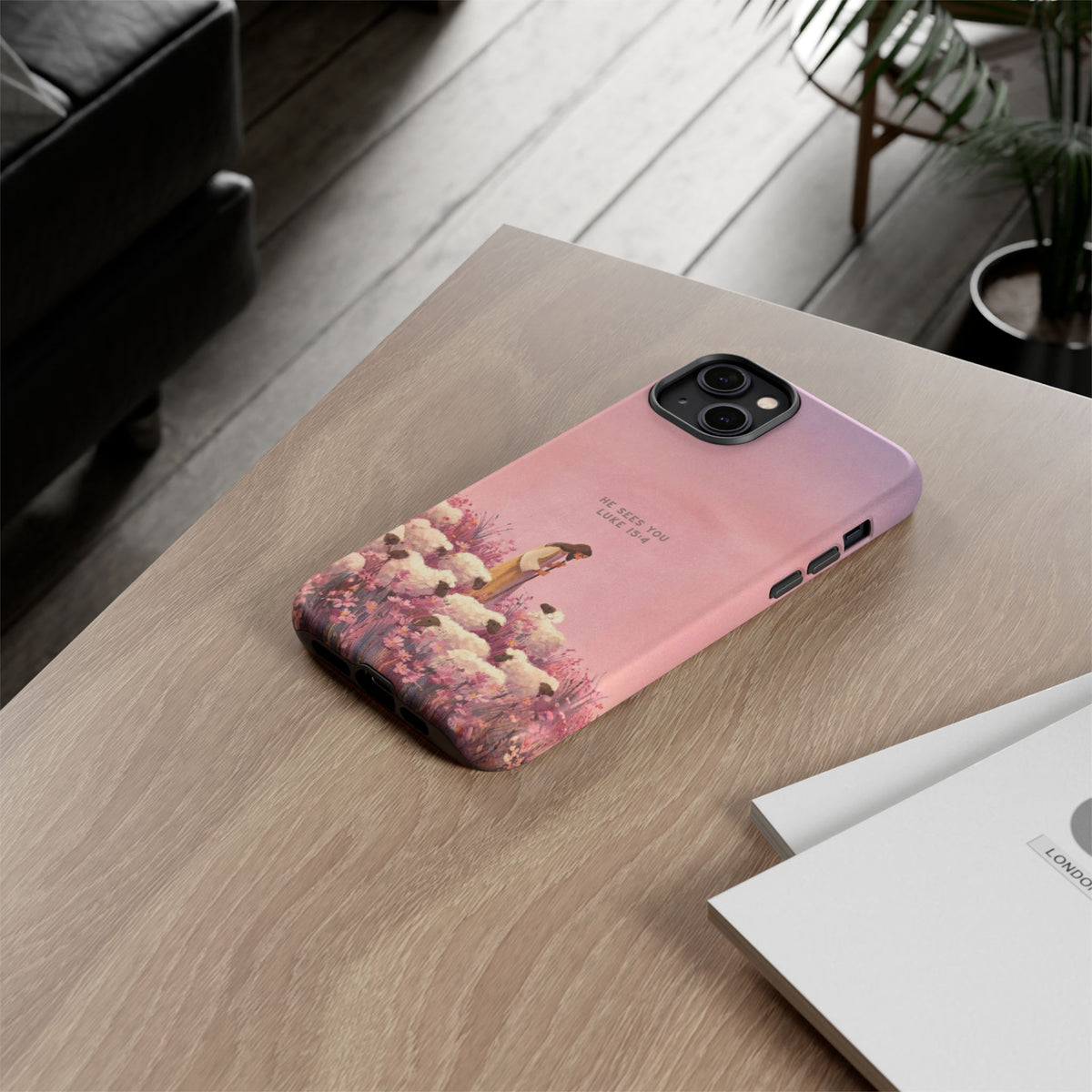 Christelijk telefoonhoesje Hij ziet jou roze mat